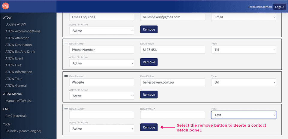 Contact Details panels with the Remove button highlighted on an empty detail panel