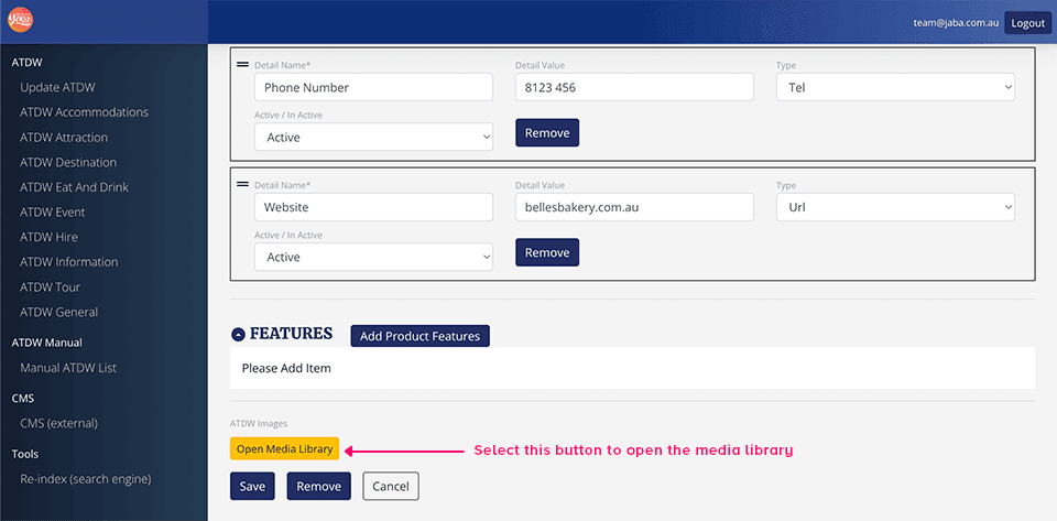 Features and ATDW Images section with the Open Media Library button highlighted