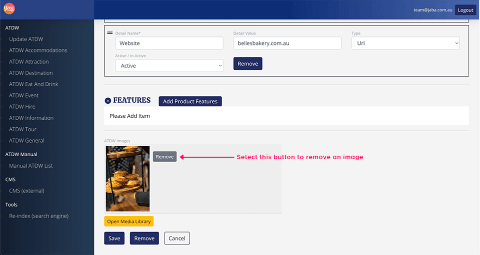 ATDW Images section showing the selected bakery photo with the Remove button highlighted