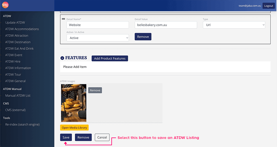 Atdw Manual Item form with the Save button highlighted to save the listing