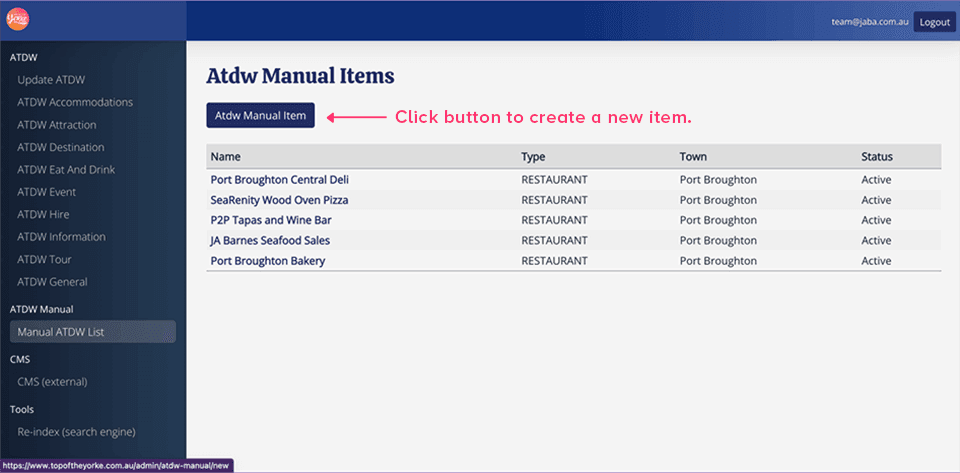 Atdw Manual Items list showing Port Broughton eateries, with the add new item button highlighted