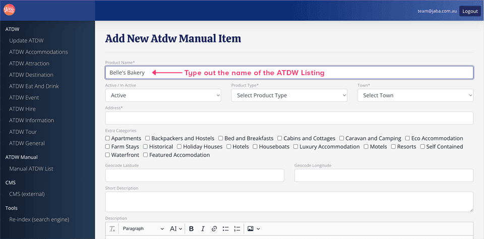 Add New Atdw Manual Item form with the product name field filled in as Belle's Bakery