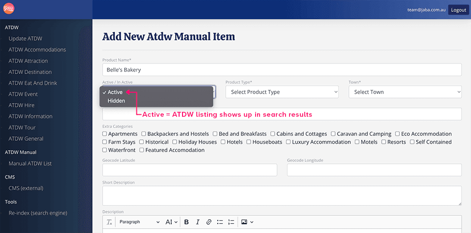 Active/In Active dropdown on the Atdw Manual Item form set to Active