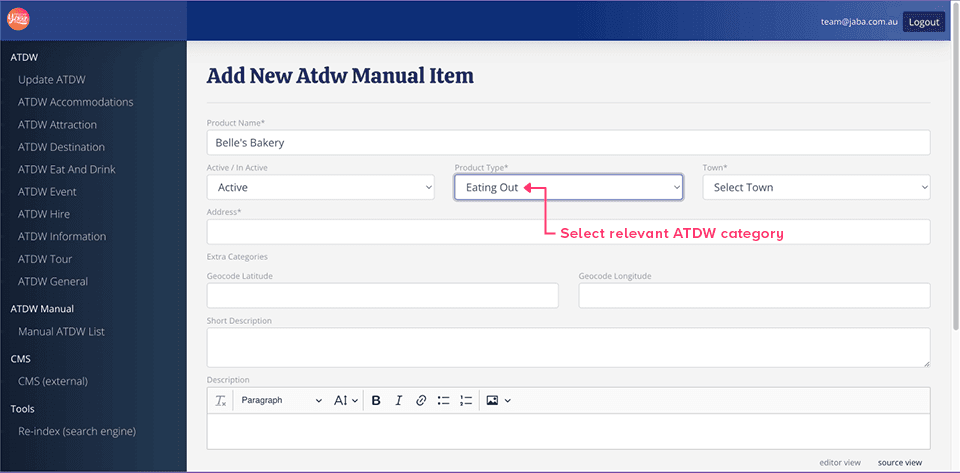 Product Type dropdown on the Atdw Manual Item form set to Eating Out