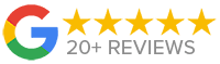 Google five-star rating badge showing 20+ reviews