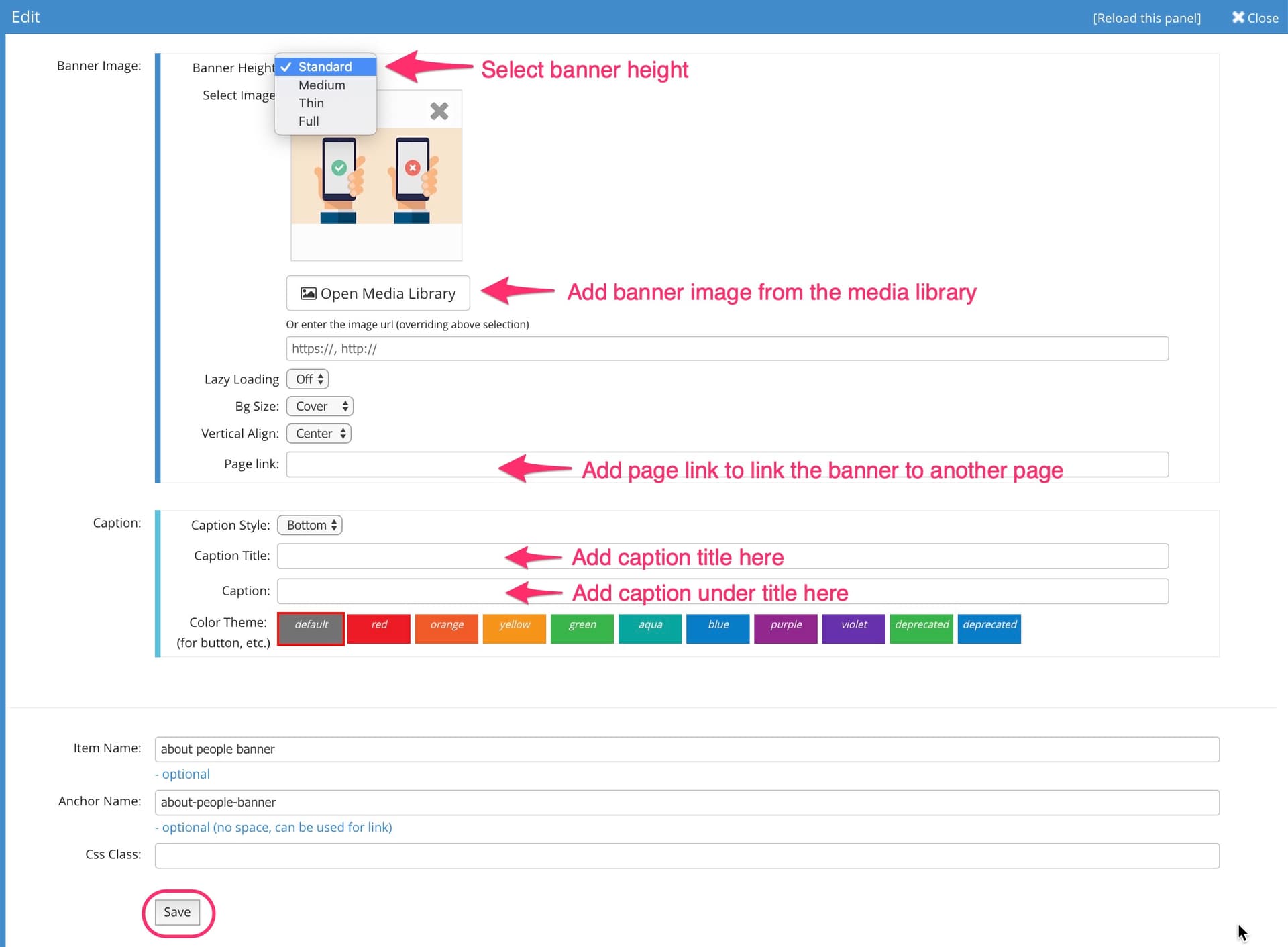 JABA CMS single banner edit panel with banner height, image and caption options highlighted
