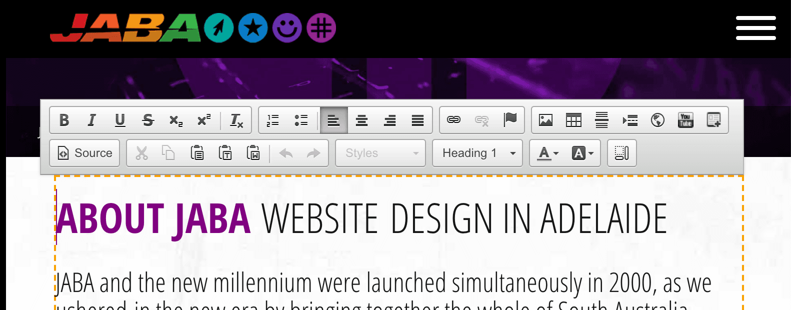 JABA CMS rich text editor toolbar open above an About JABA page heading