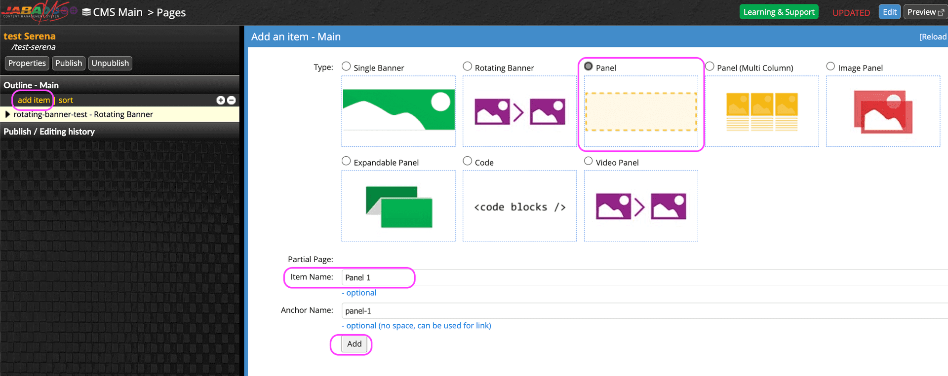 JABA CMS add item screen with Panel type selected and named Panel 1