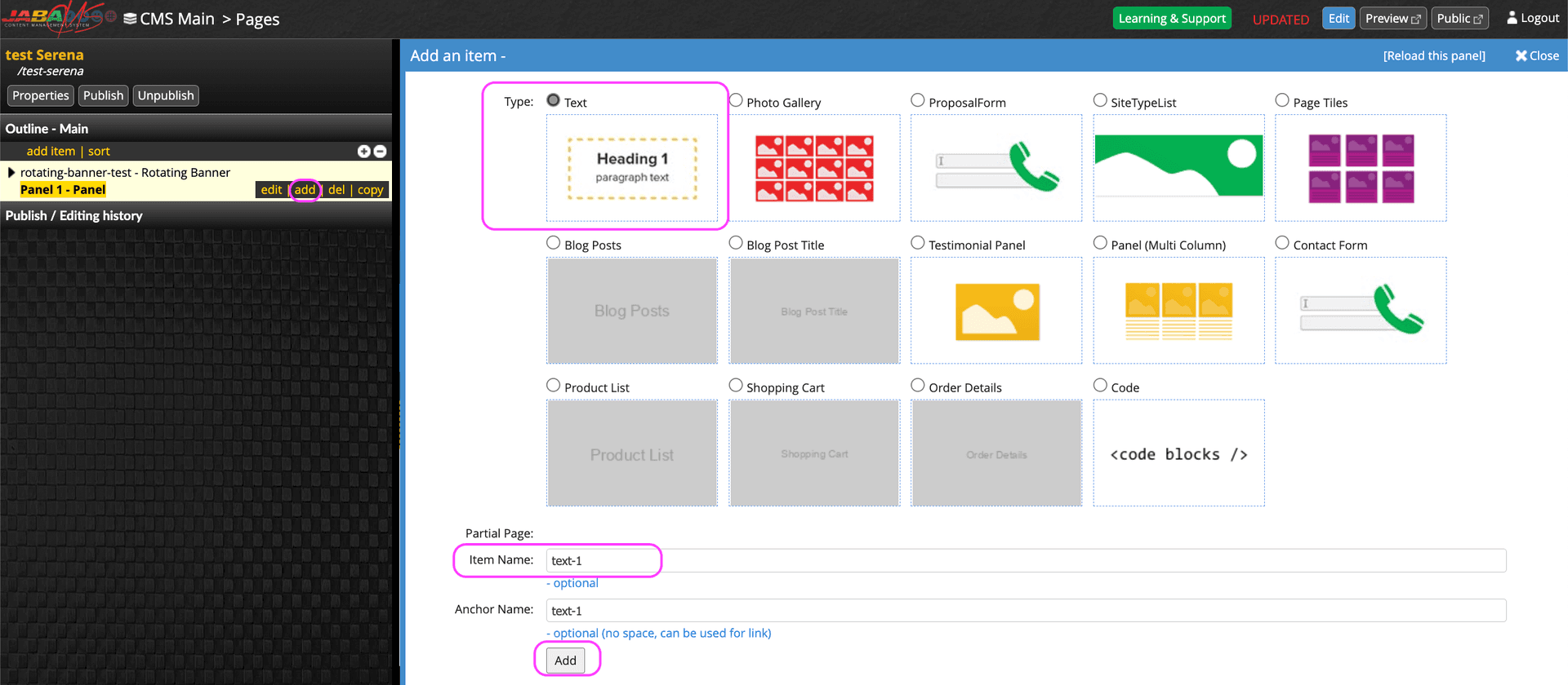 JABA CMS add item screen with Text type selected inside Panel 1