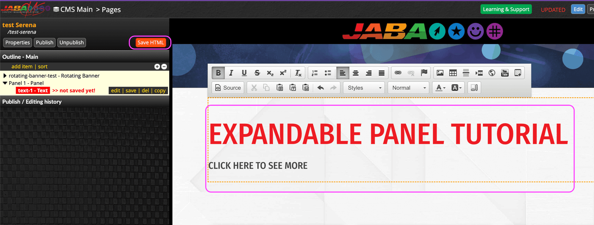 JABA CMS text editor showing an Expandable Panel Tutorial heading with Save HTML highlighted