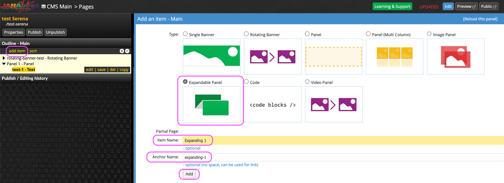 JABA CMS add item screen with Expandable Panel type selected and named Expanding 1