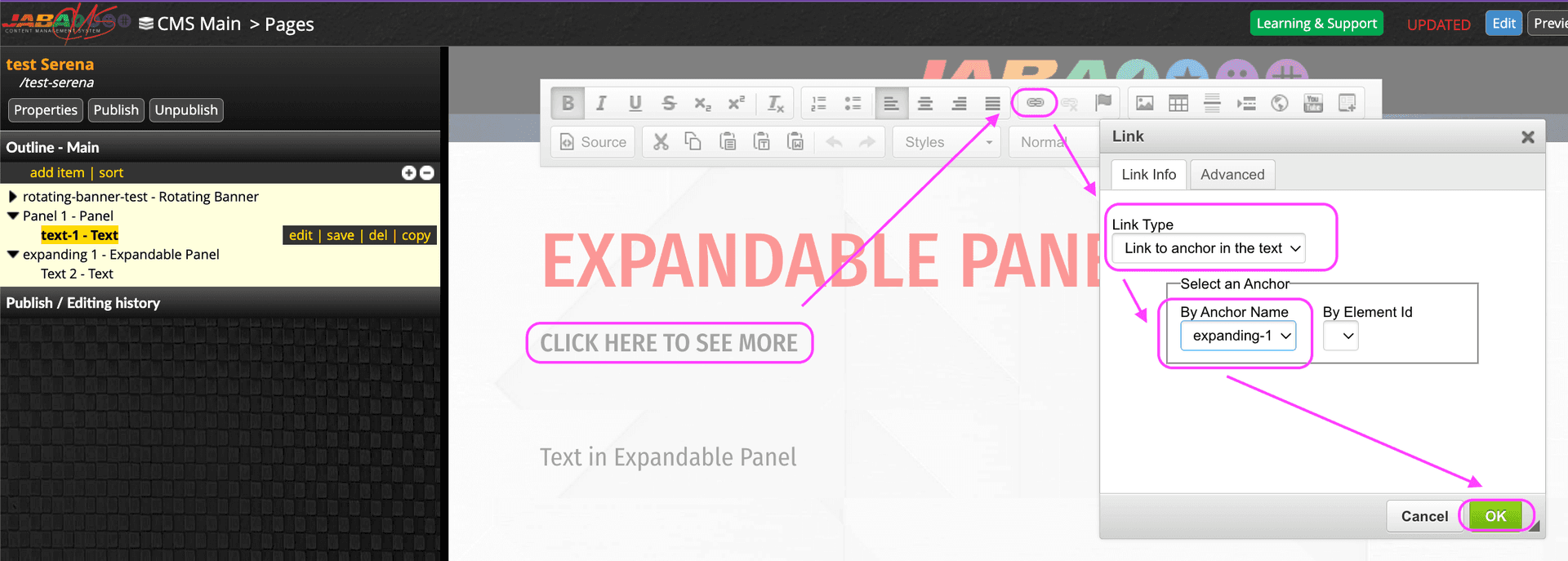 JABA CMS link dialog linking Click Here to See More text to the expanding-1 anchor