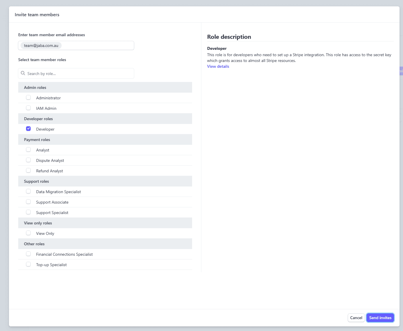 Stripe dashboard Invite team members dialog with the Developer role selected