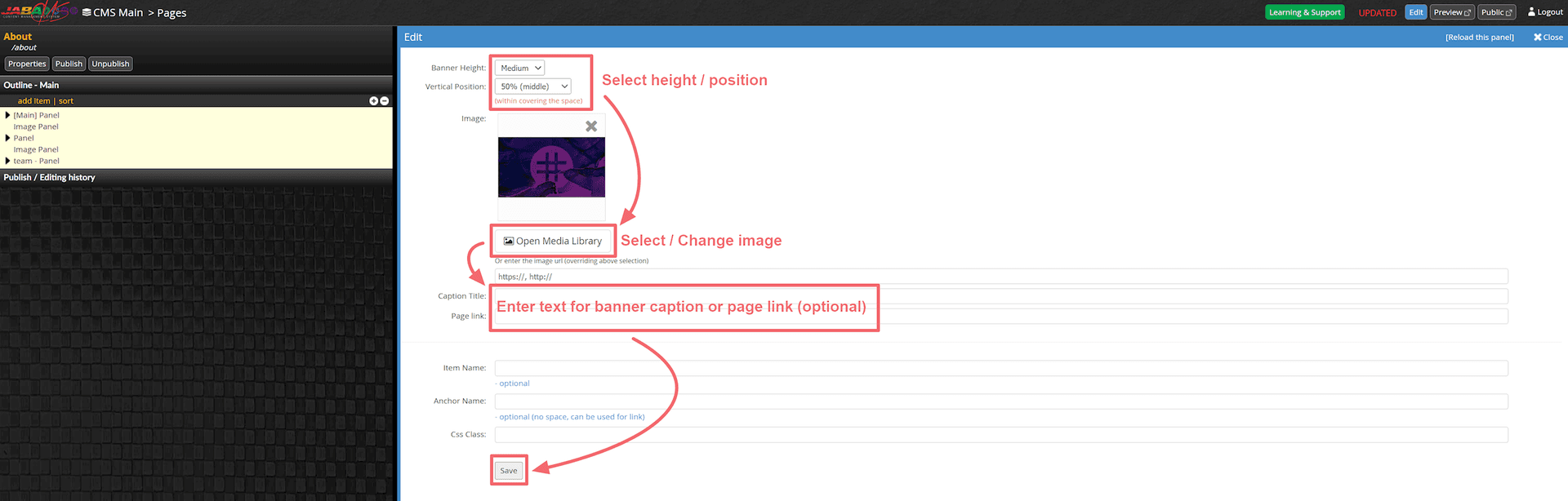 JABA CMS banner edit panel with height, position and caption settings