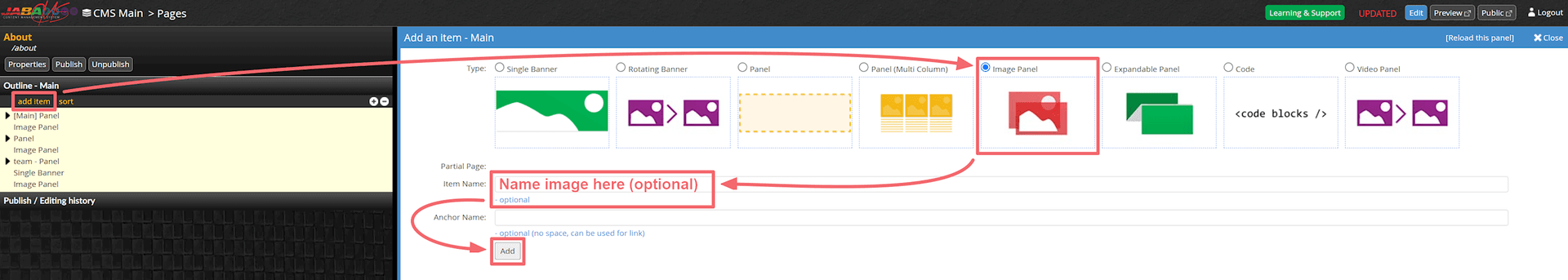 JABA CMS Add an Item panel with the Image Panel type selected