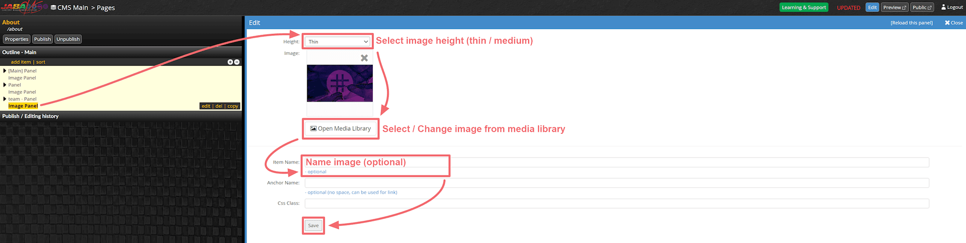 JABA CMS image panel edit screen with height and image selection fields