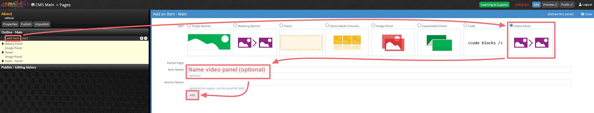 JABA CMS Add an Item panel with the Video Panel type selected
