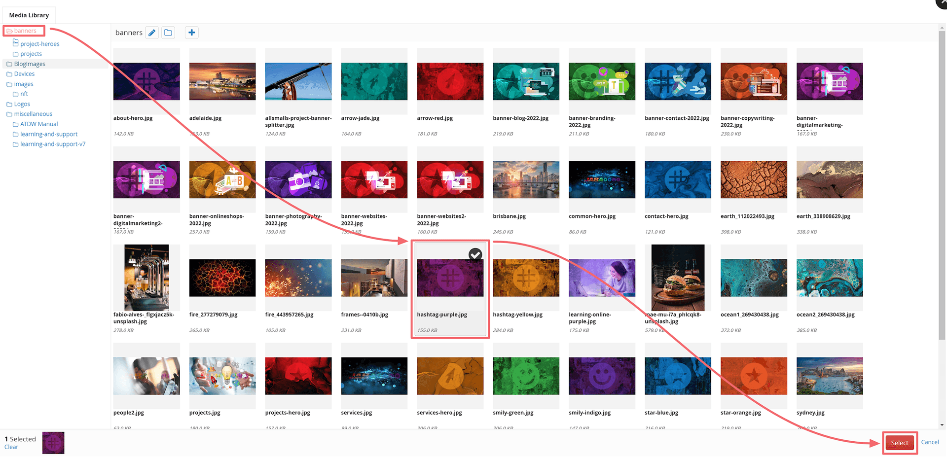 JABA CMS Media Library banner image selection with the select button highlighted