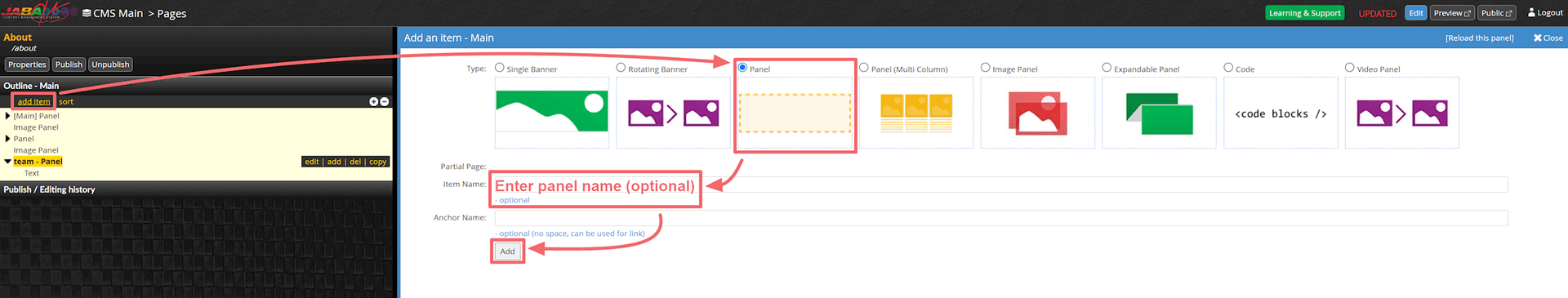 JABA CMS add item screen with the Panel type and Add Item button highlighted