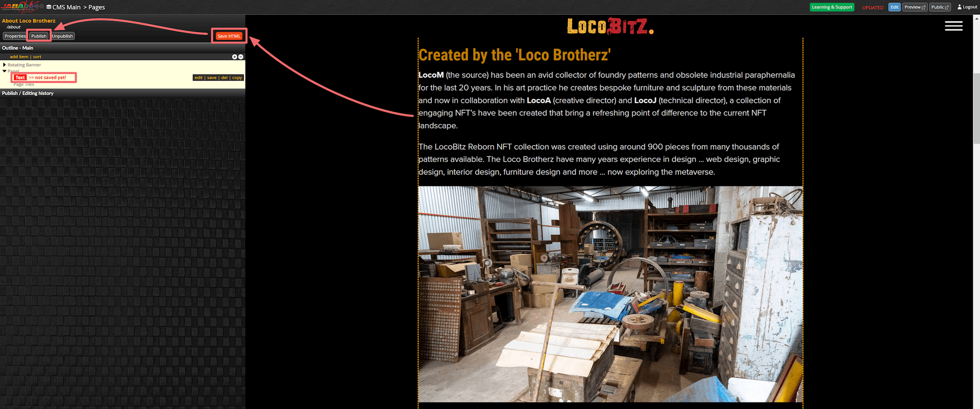 JABA CMS page editor with the Publish and Save HTML buttons highlighted on the LocoBitz about page