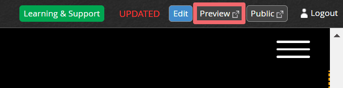 JABA CMS page header with the Preview button highlighted next to an Updated status label