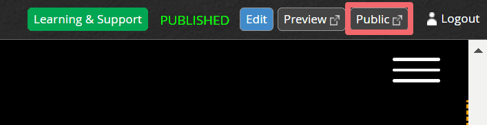JABA CMS page header with the Public button highlighted next to a Published status label