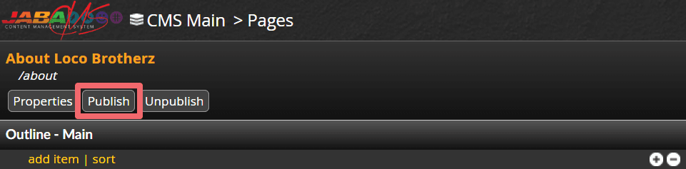 JABA CMS page editor with the Publish button highlighted on the LocoBitz about page