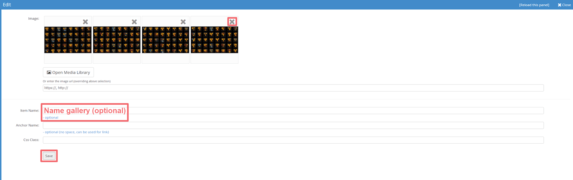 JABA CMS photo gallery edit panel with an image's remove button highlighted