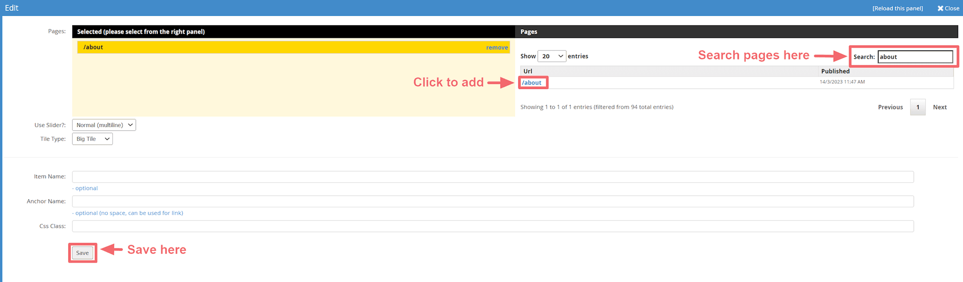JABA CMS page tiles panel showing a page selected from the pages list to add as a tile