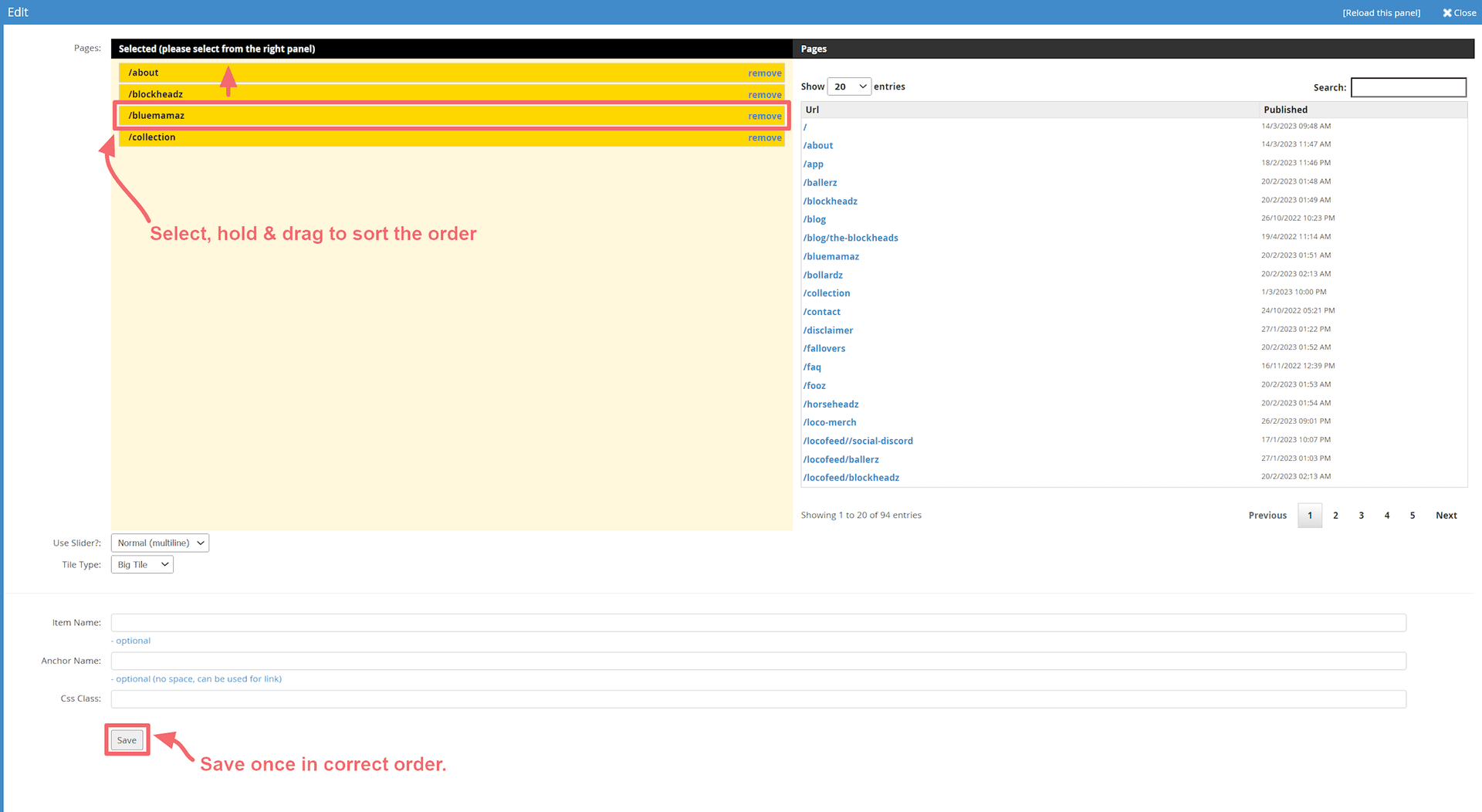 JABA CMS page tiles panel with several pages selected and a drag-to-reorder instruction