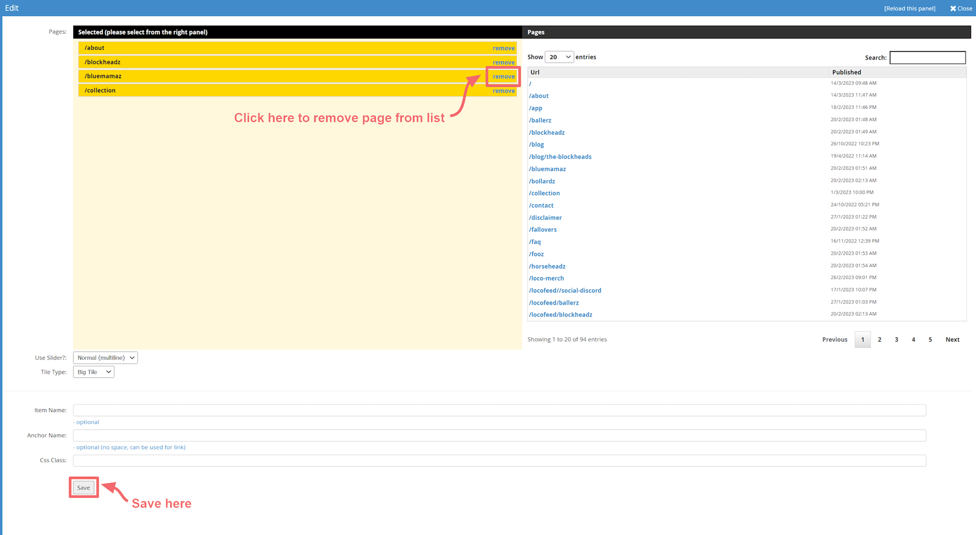 JABA CMS page tiles panel showing the remove link used to delete a page from the tile list