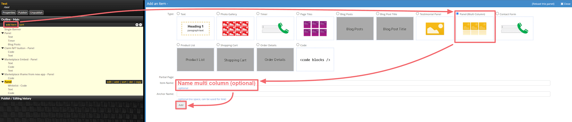 JABA CMS add-item panel with Panel (Multi Column) selected for a new page section