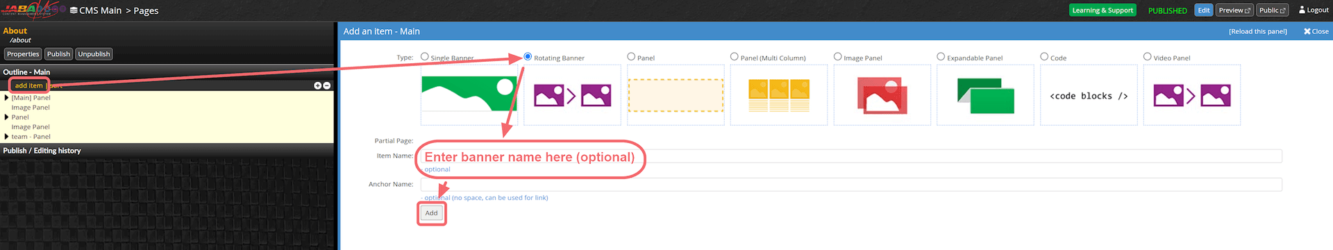 JABA CMS Add an Item panel with the Rotating Banner type selected