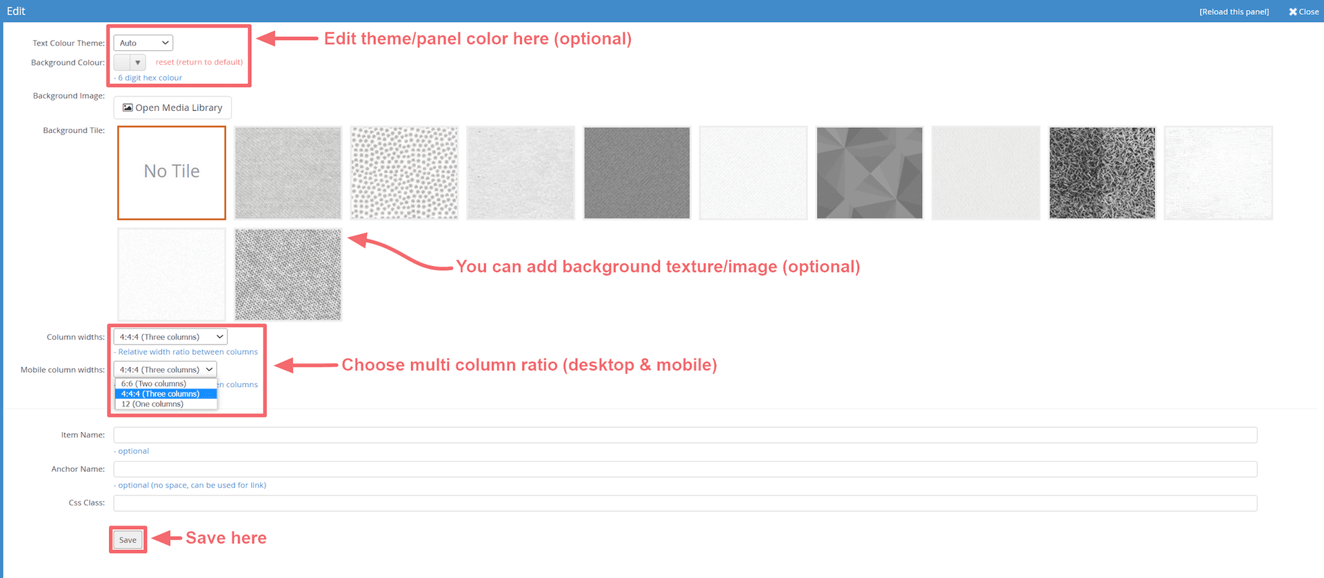 JABA CMS multi column panel showing background colour, tile and column width settings