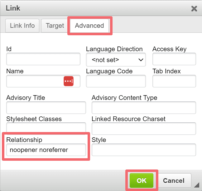 JABA CMS link dialog Advanced tab with Relationship field set to noopener noreferrer