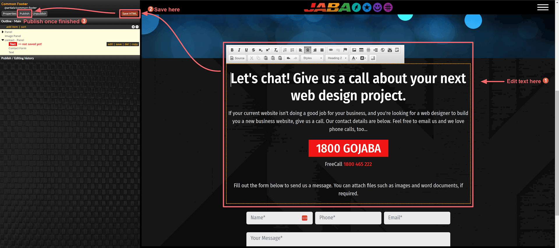 JABA CMS common footer editor showing the contact call-to-action text