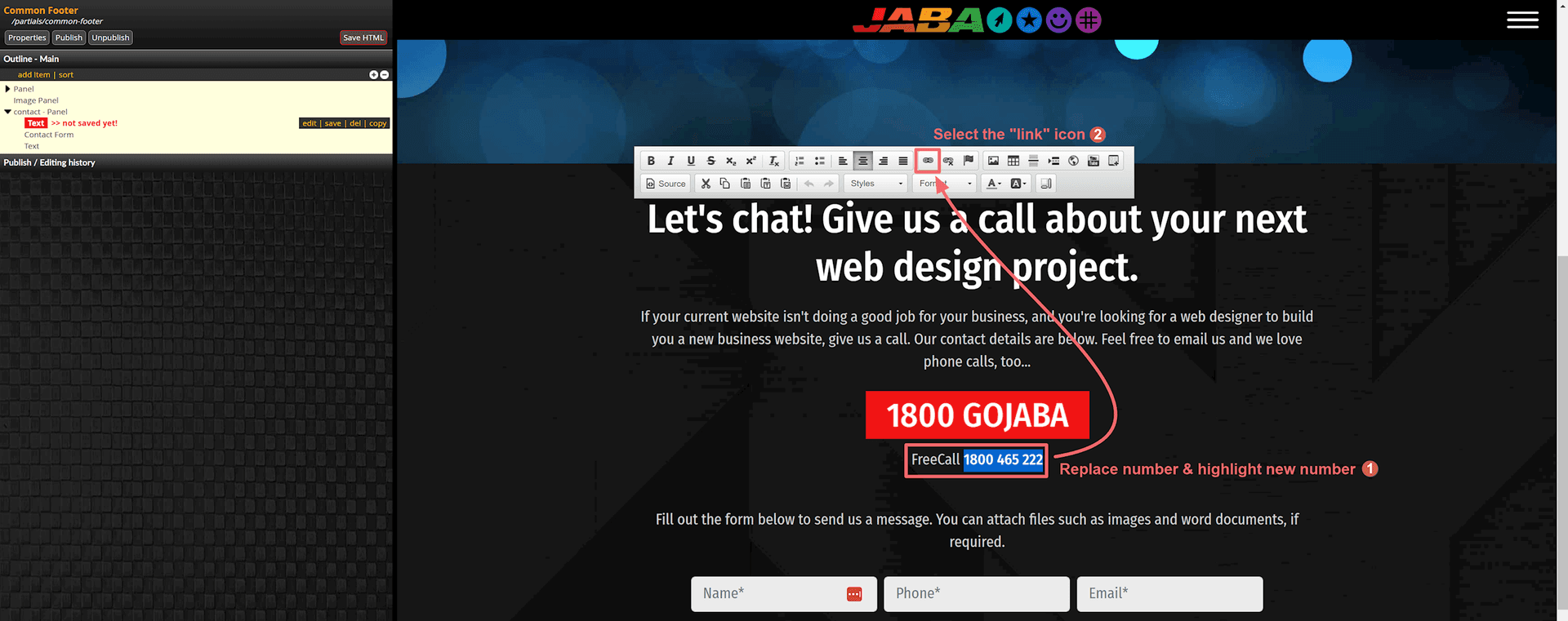 JABA CMS editor highlighting the link icon to update the phone number link