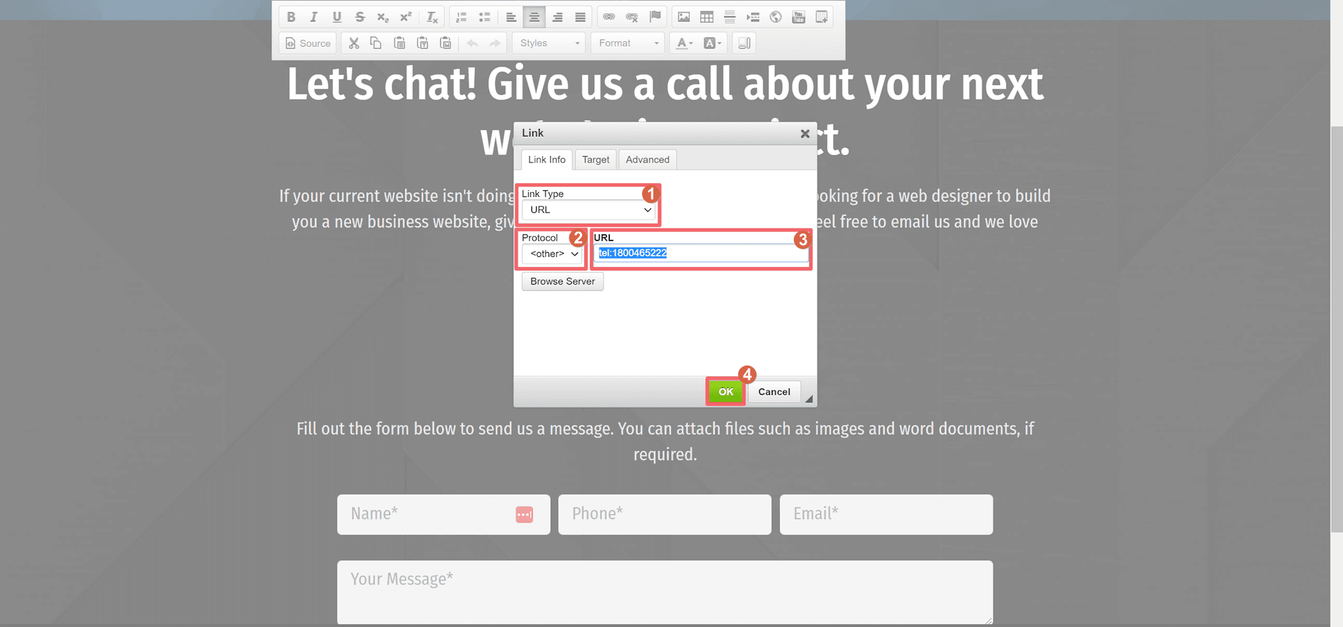 JABA CMS link dialog with a tel: URL entered for the phone number