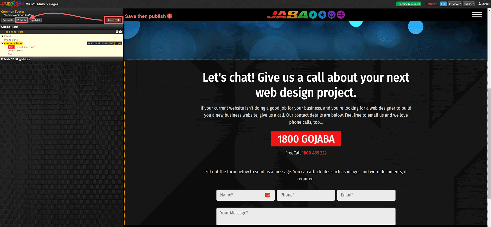 JABA CMS common footer preview with Save then Publish highlighted