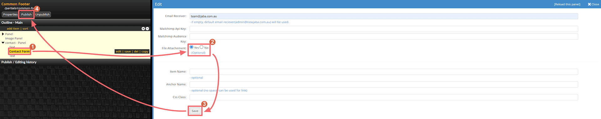 JABA CMS contact form settings with the file attachment option highlighted