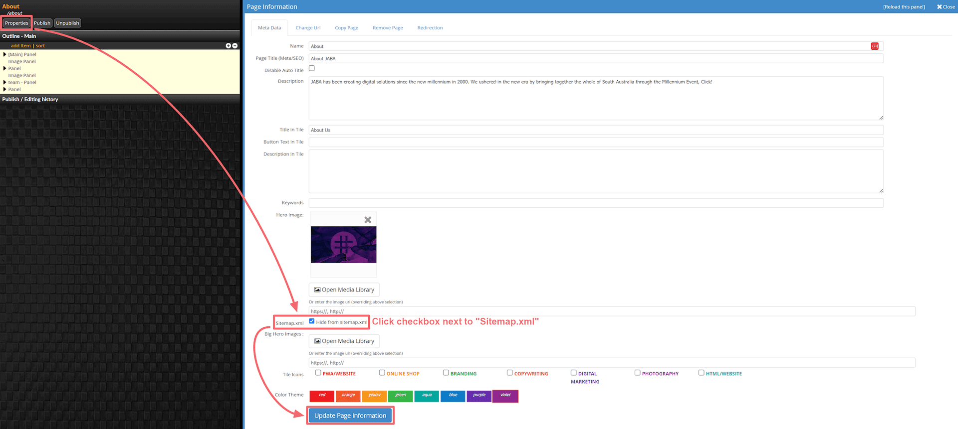 JABA CMS page meta data screen with the Hide from sitemap.xml checkbox highlighted