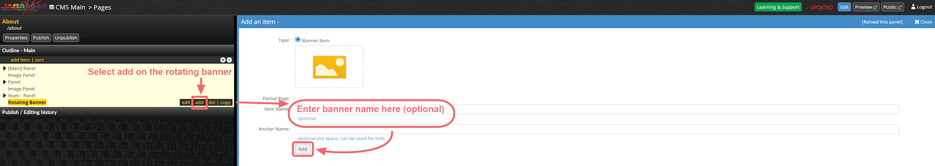 JABA CMS Add an Item panel showing the add button for a rotating banner item
