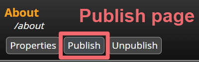JABA CMS page toolbar with the Publish button highlighted