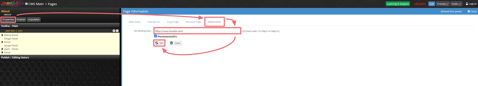 JABA CMS page redirection tab with a 301 redirect URL set