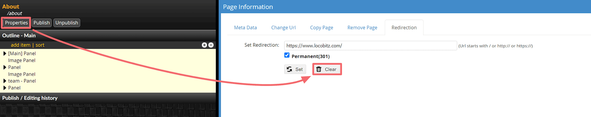 JABA CMS tutorial screenshot showing how to clear a page redirection in the Redirection settings tab