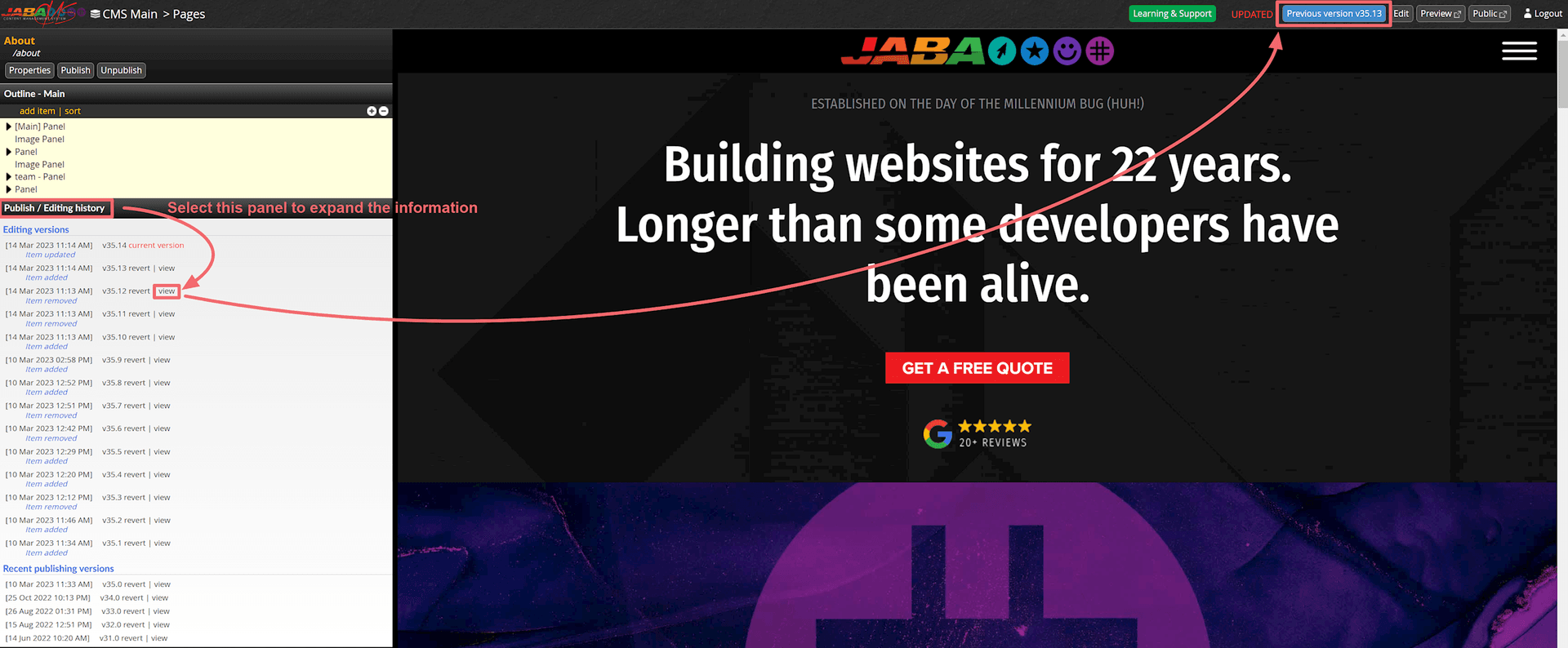 JABA CMS tutorial screenshot showing the editing history list used to view a previous webpage version