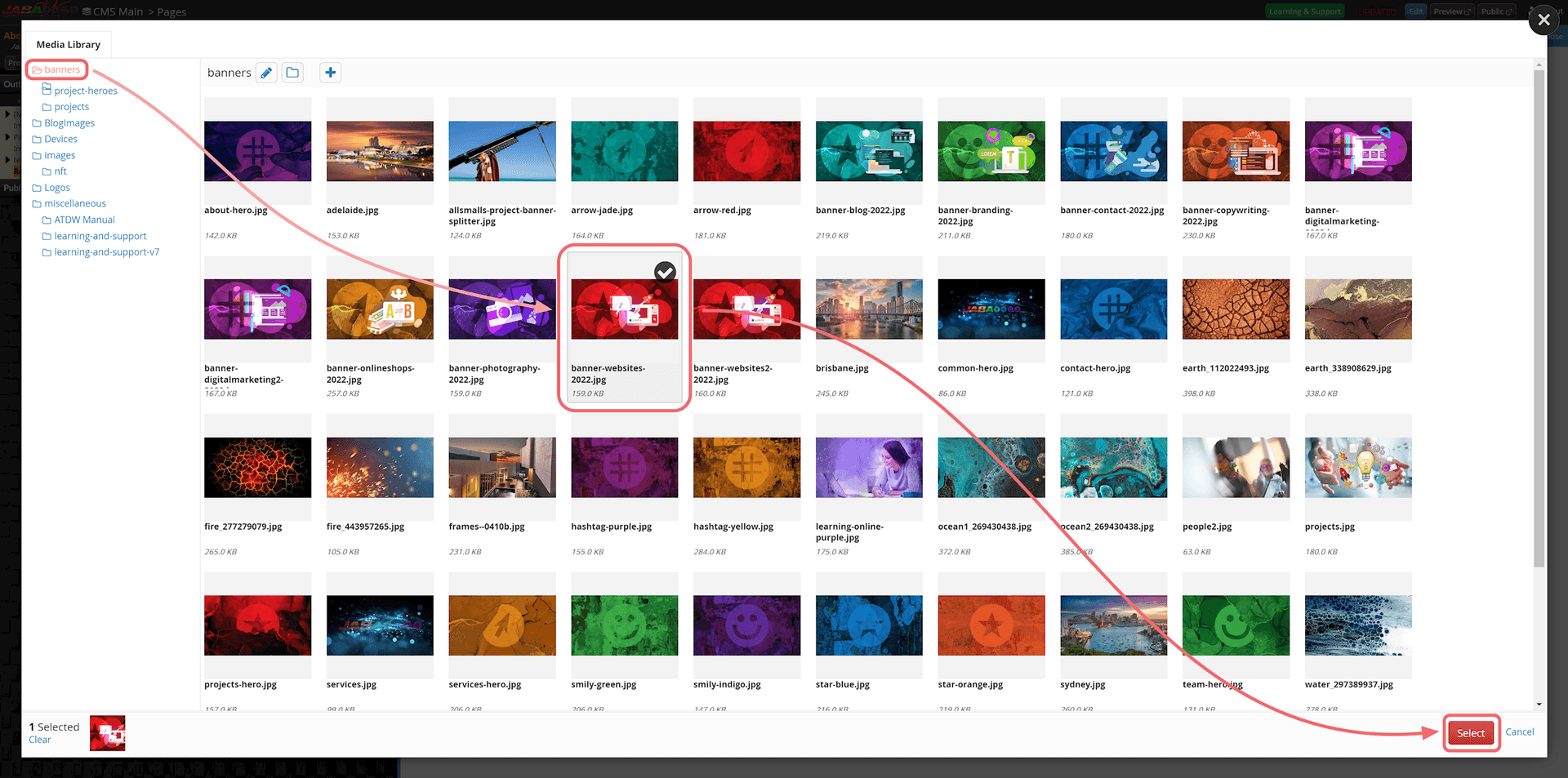 JABA CMS media library popup with a banner image selected