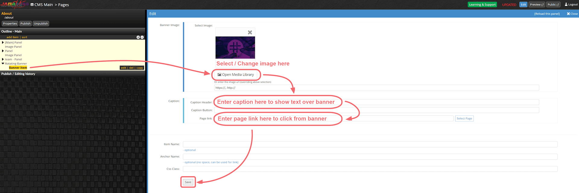 JABA CMS banner edit panel showing image selection and caption fields