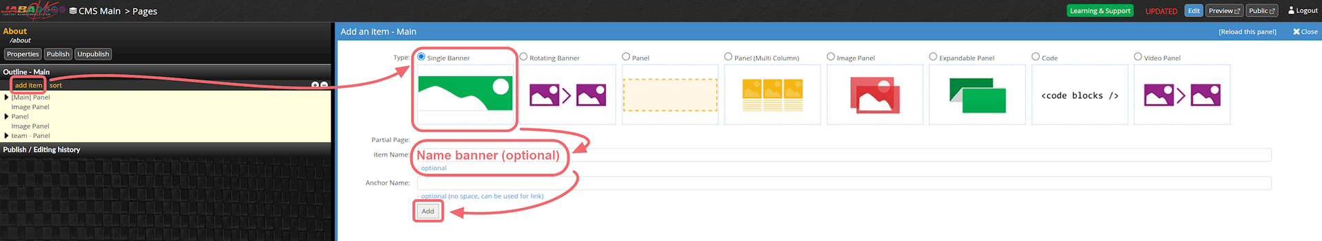 JABA CMS Add an Item panel with the Single Banner type selected