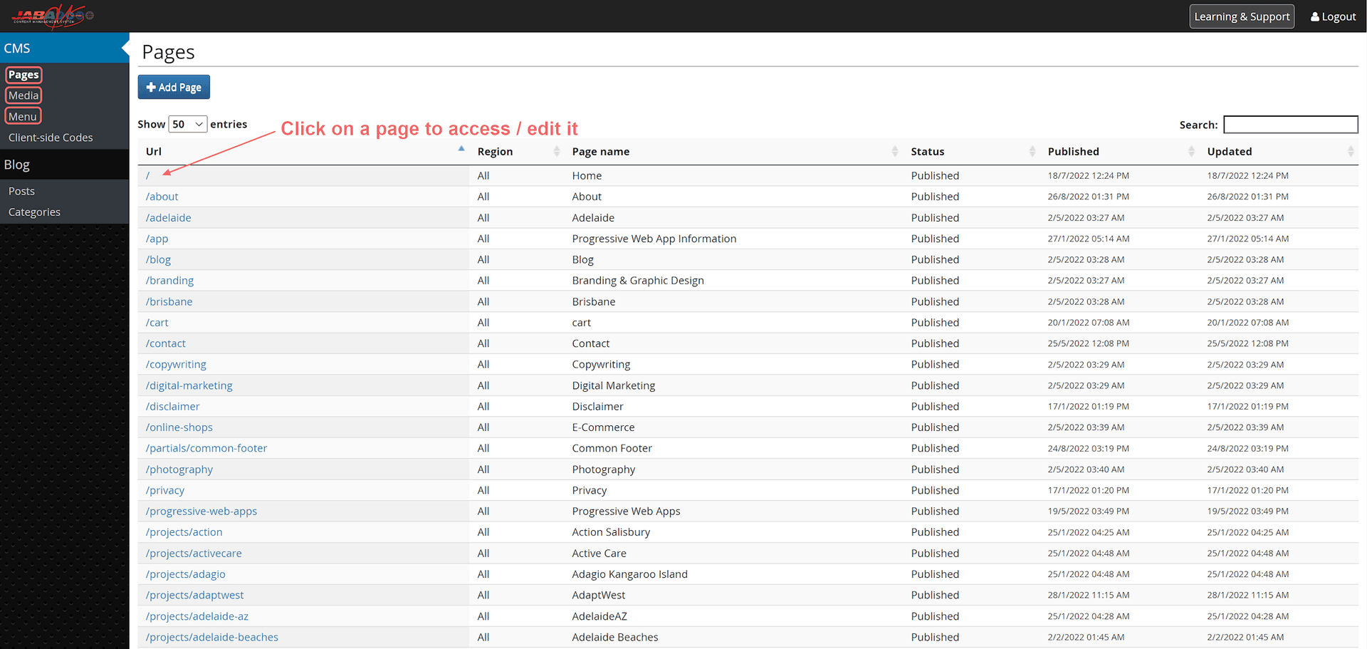 JABA CMS Pages list with instructions to click a page to access or edit it